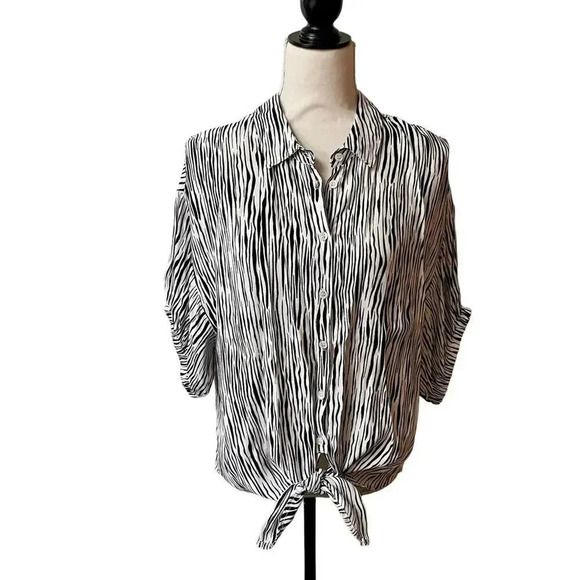 Three Dots Zebra Print Tie Front Blouse Large Black White Button Down - Picture 4 of 15